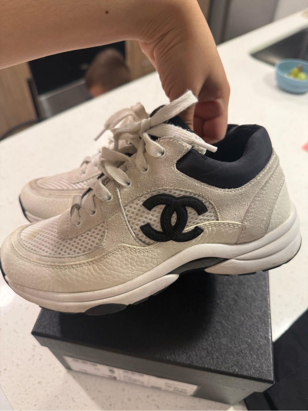 CHANEL Cream and Black Interlocking CC Leather & Mesh Sneakers